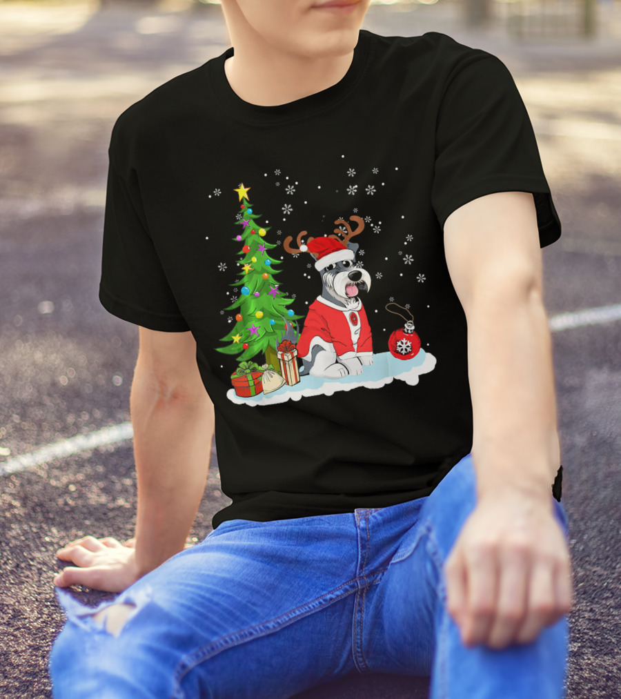 Schnauzer Dog Father Matching Fam Christmas Scene With Santa T-Shirt