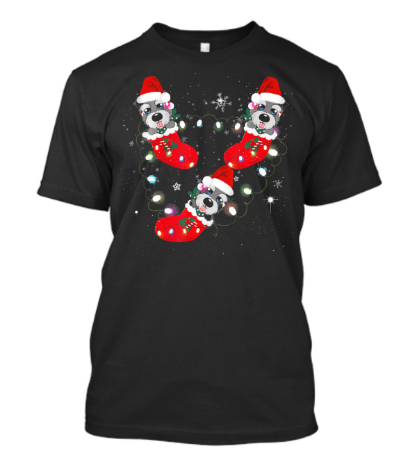 Three Schnauzer Santa Stockings With Christmas Lights And Snowflakes T-Shirt