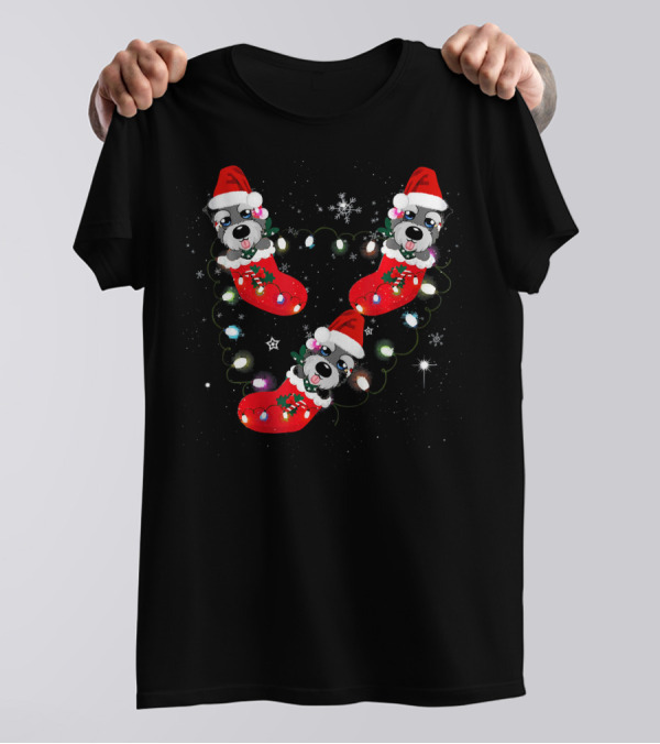 Three Schnauzer Santa Stockings With Christmas Lights And Snowflakes T-Shirt