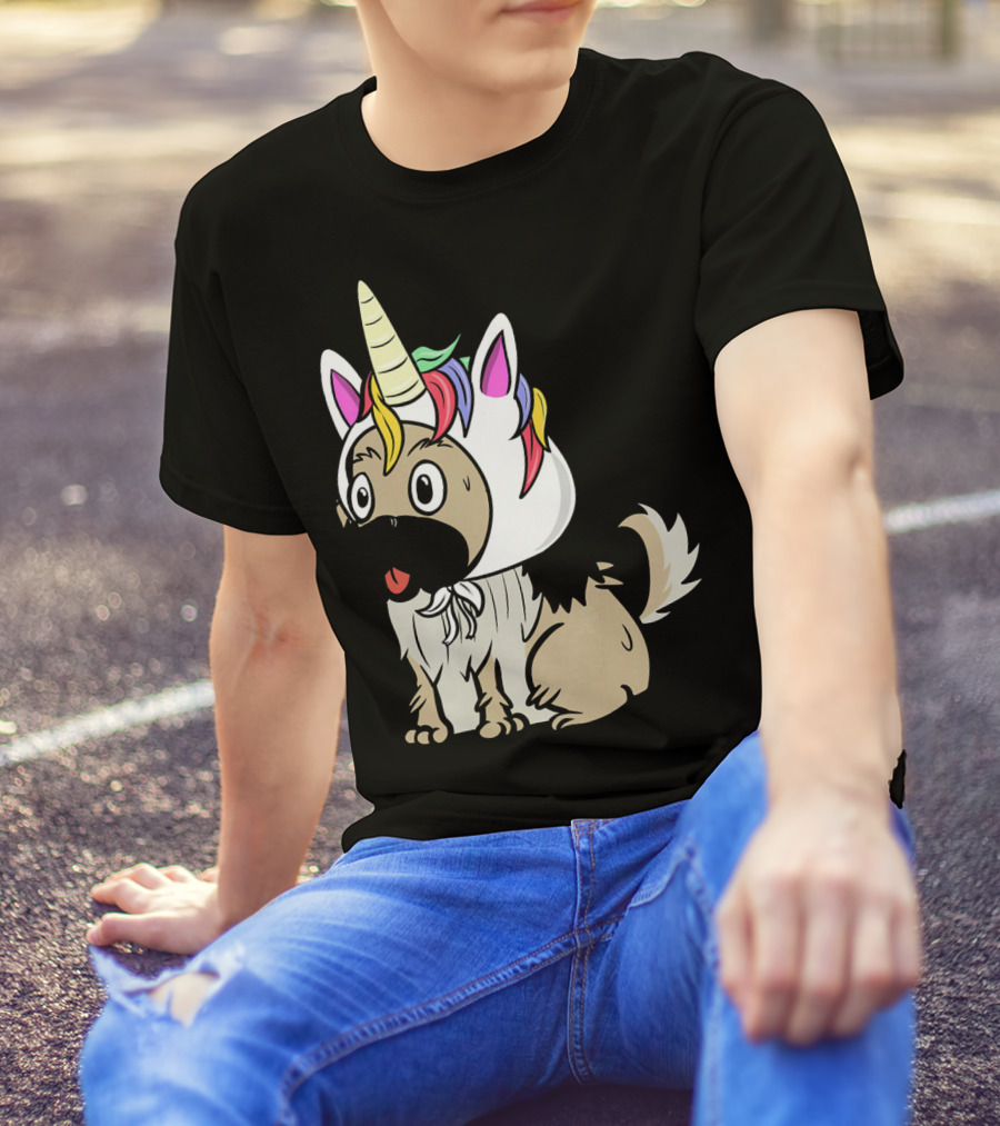 Pekingese Unicorn Hat Funny Dog Costume With Rainbow Mane And Horn T-Shirt