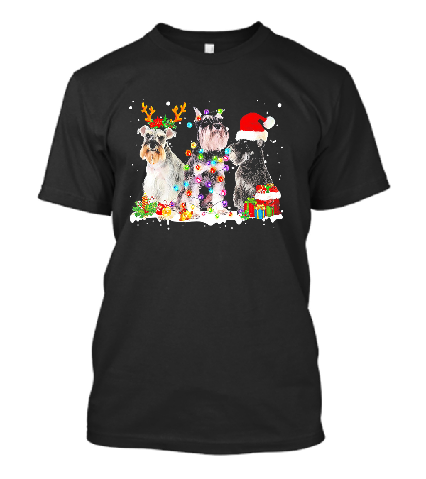Schnauzer Reindeer Santa Hat Christmas Lights Snow Gifts T-Shirt