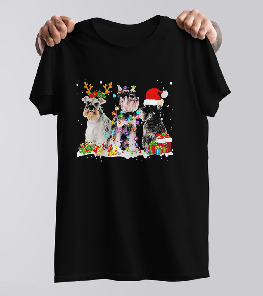 Schnauzer Reindeer Santa Hat Christmas Lights Snow Gifts T-Shirt