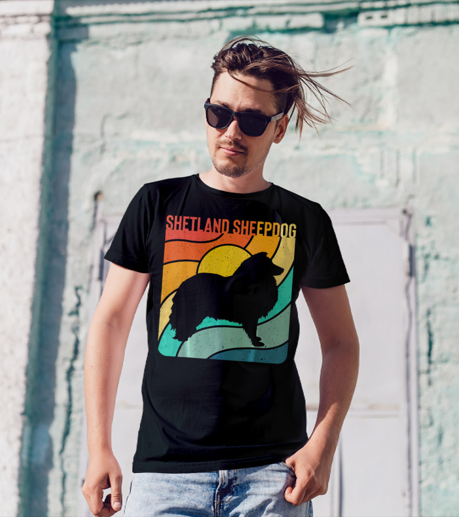 Shetland Sheepdog Silhouette Retro Sunset T-Shirt