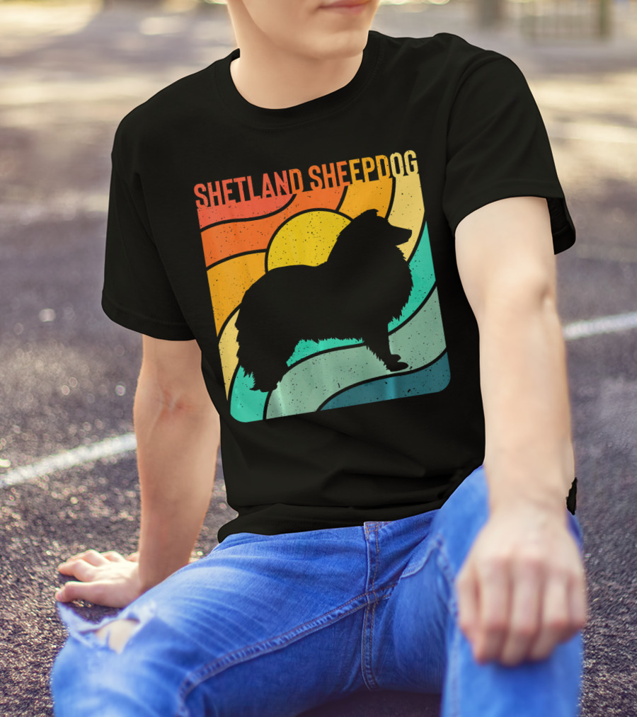 Shetland Sheepdog Silhouette Retro Sunset T-Shirt