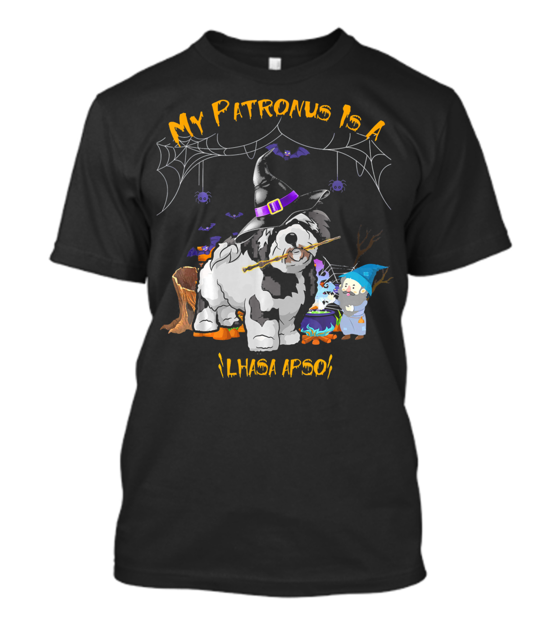 My Patronus Is A Lhasa Apso Halloween Dog Witch Hat Bats Spiders Cauldron T-Shirt