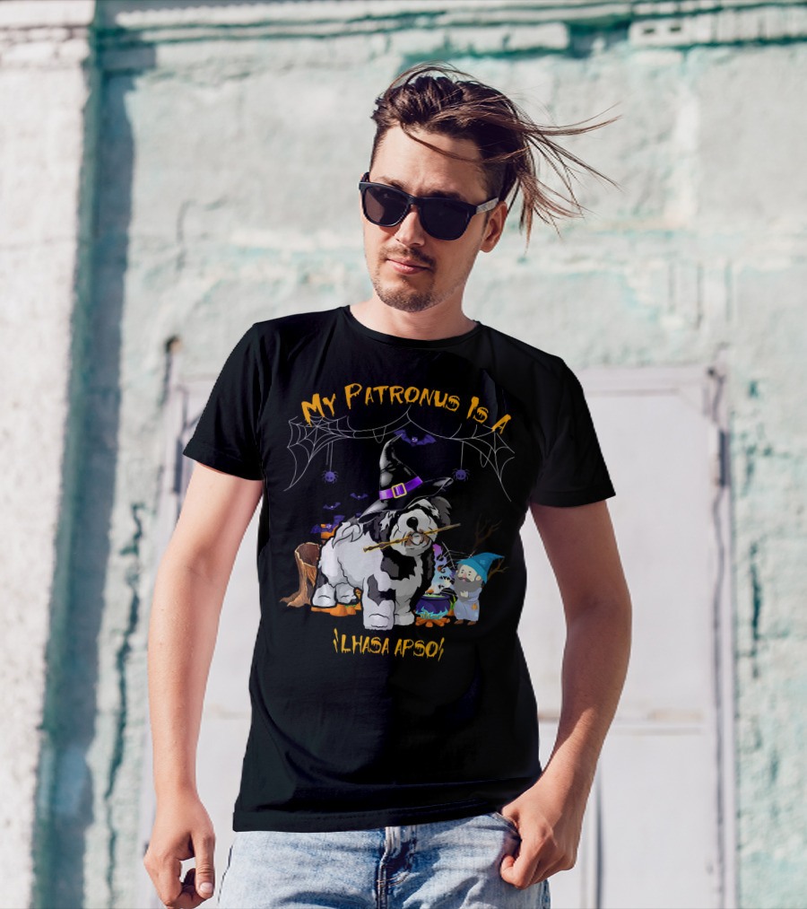 My Patronus Is A Lhasa Apso Halloween Dog Witch Hat Bats Spiders Cauldron T-Shirt