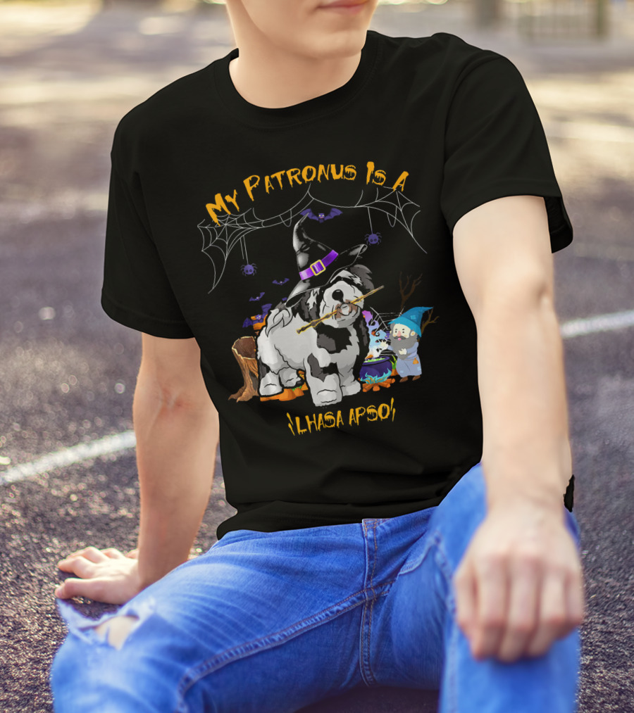 My Patronus Is A Lhasa Apso Halloween Dog Witch Hat Bats Spiders Cauldron T-Shirt