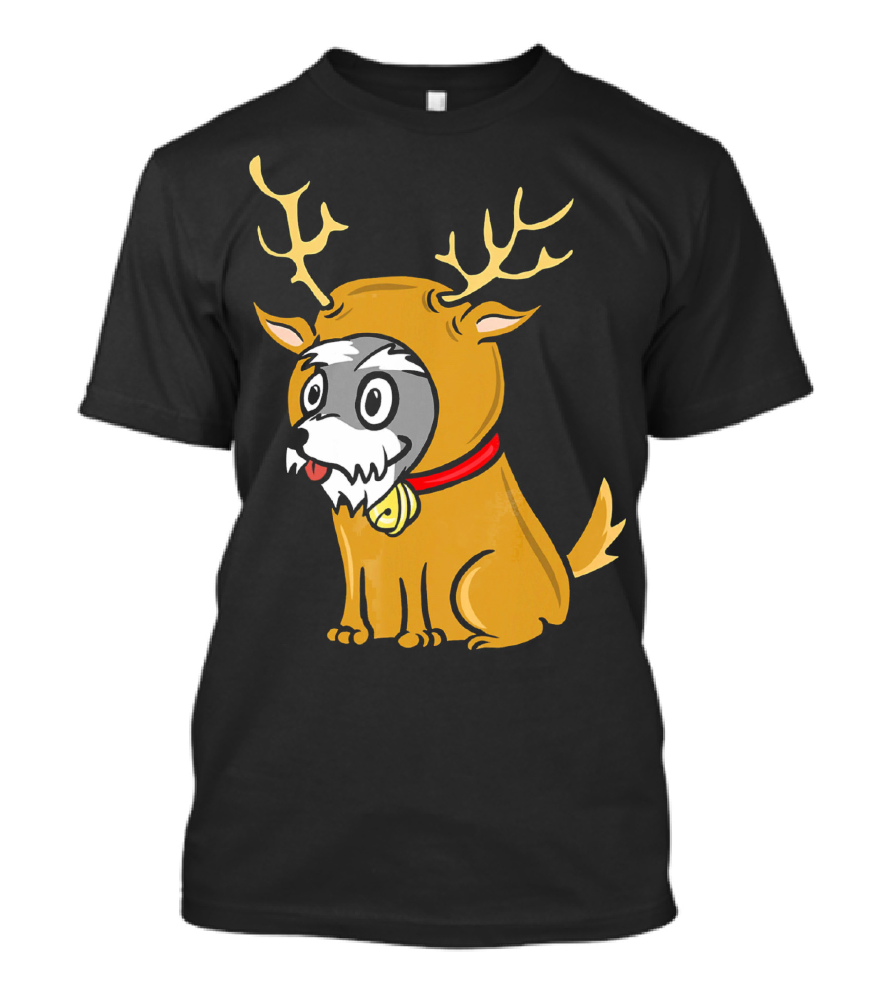 Schnauzer Dressed As A Cute Reindeer With Antlers And Red Collar T-Shirt