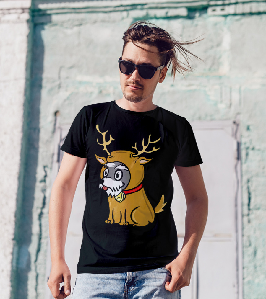 Schnauzer Dressed As A Cute Reindeer With Antlers And Red Collar T-Shirt