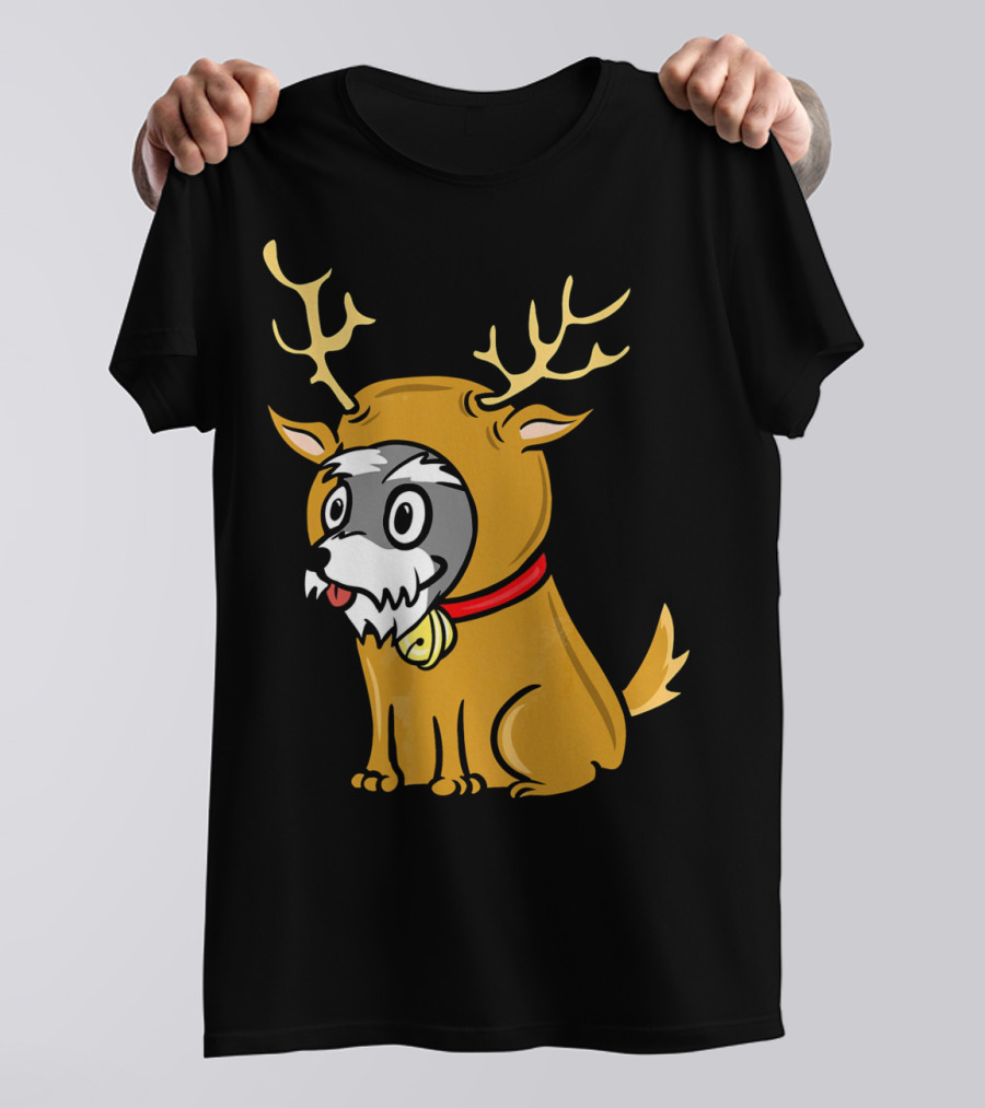 Schnauzer Dressed As A Cute Reindeer With Antlers And Red Collar T-Shirt