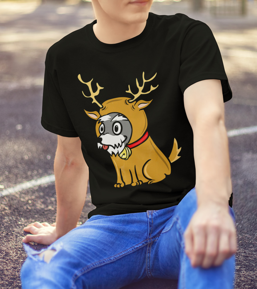 Schnauzer Dressed As A Cute Reindeer With Antlers And Red Collar T-Shirt