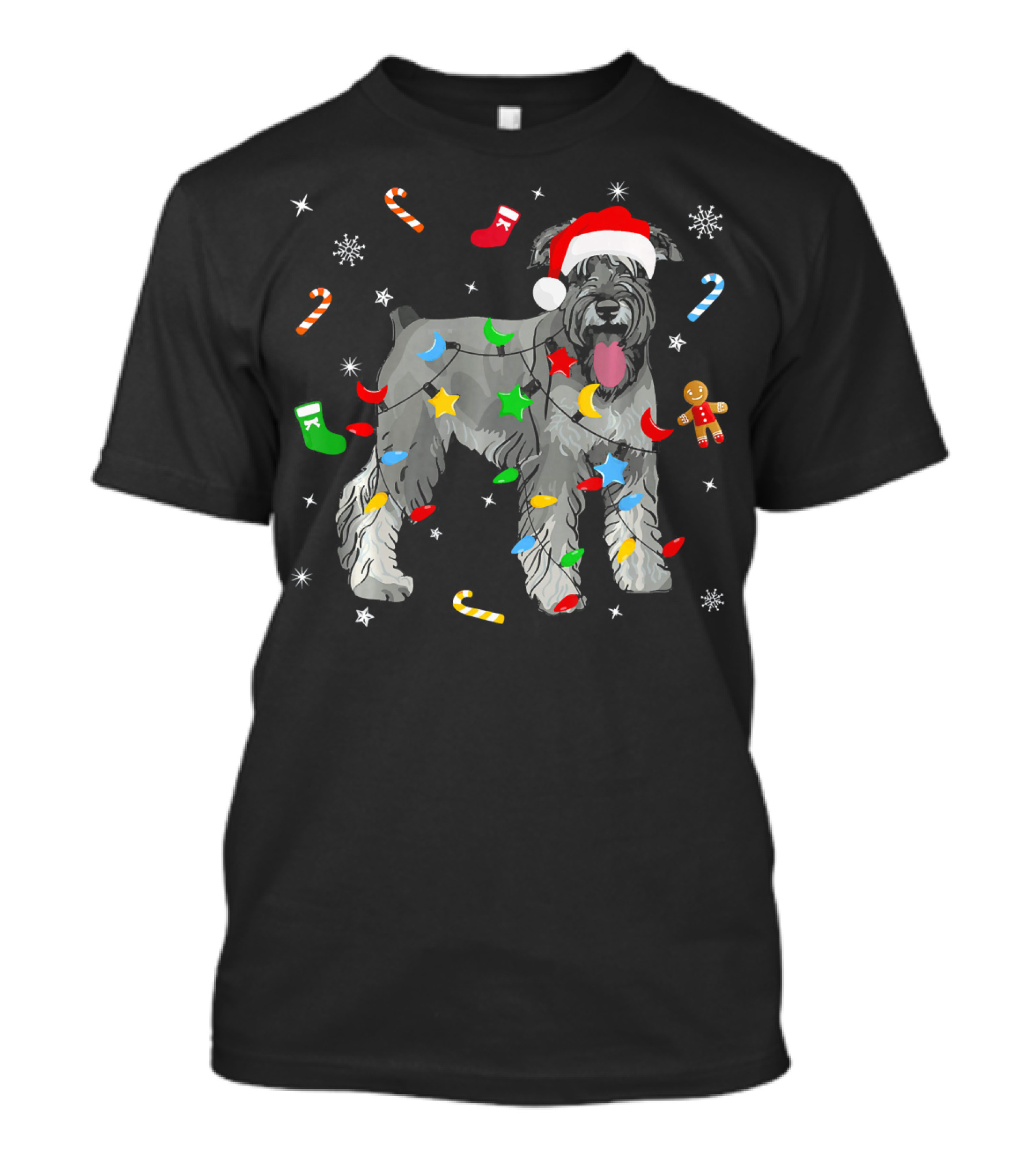 Schnauzer Christmas Lights Funny Dog Santa Hat Gingerbread Candy Canes Stars Snowflakes T-Shirt