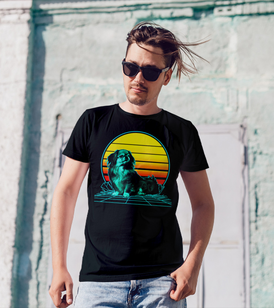 Vintage Pekingese Neon Sunset Vaporwave Aesthetic T-Shirt
