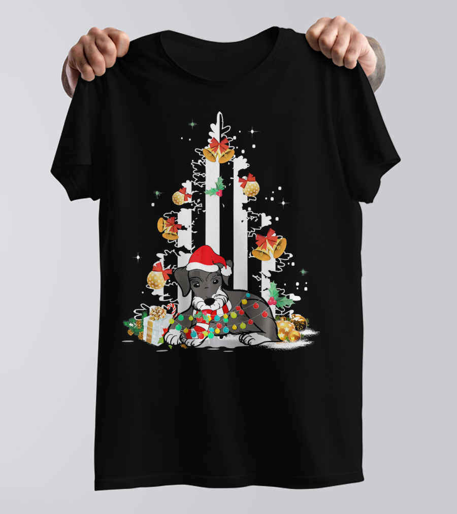 Schnauzer Santa Hat Christmas USA Flag Christmas Tree Holiday Lights T-Shirt