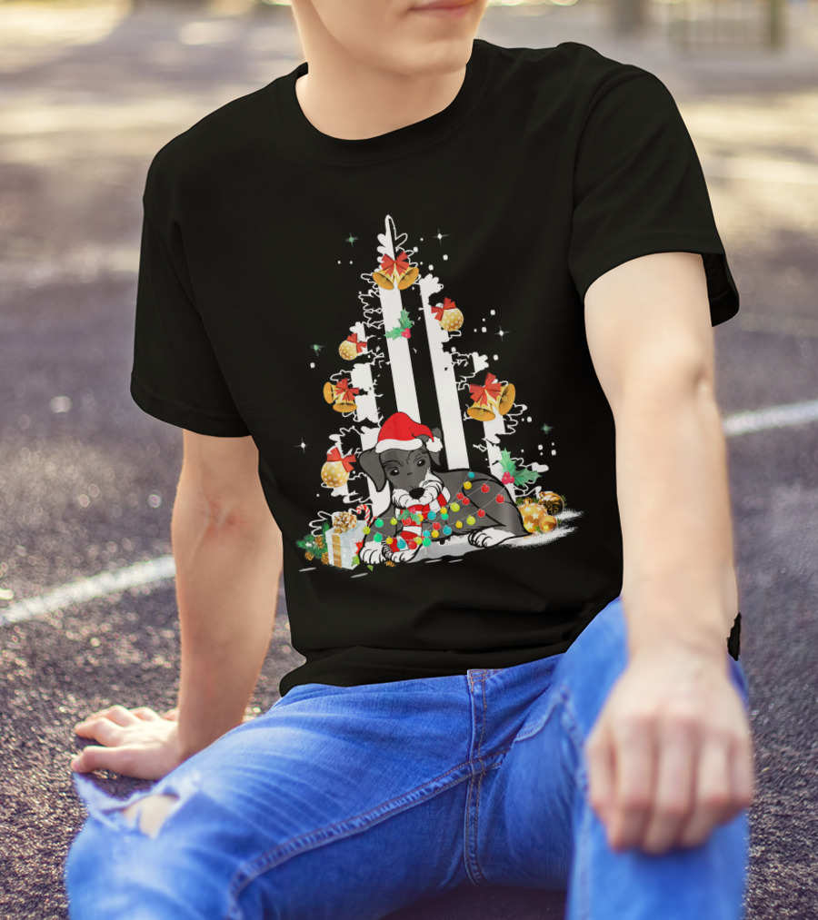 Schnauzer Santa Hat Christmas USA Flag Christmas Tree Holiday Lights T-Shirt