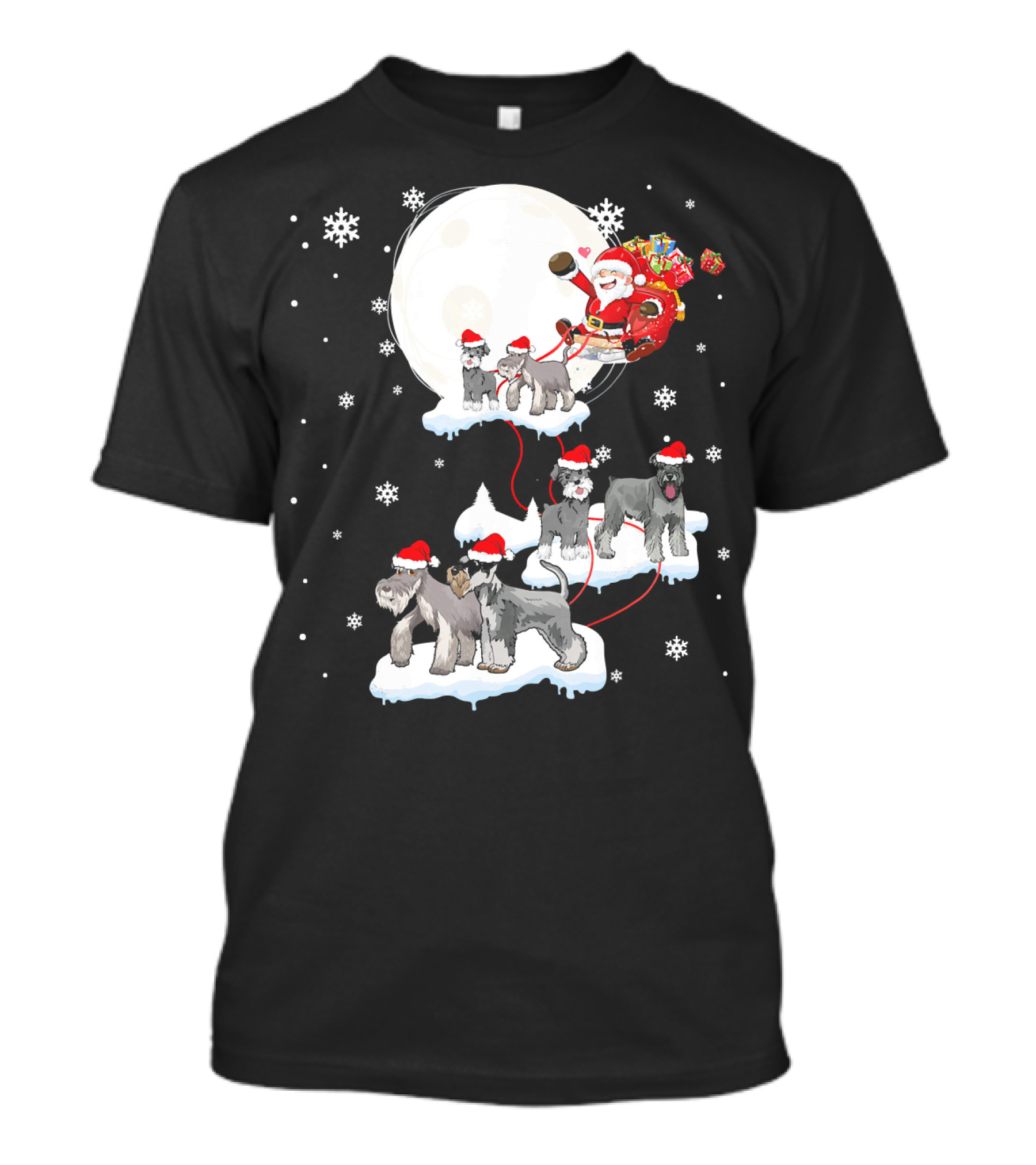 Santa Claus Sleigh With Miniature Schnauzer Dogs In Snowy Christmas Scene T-Shirt