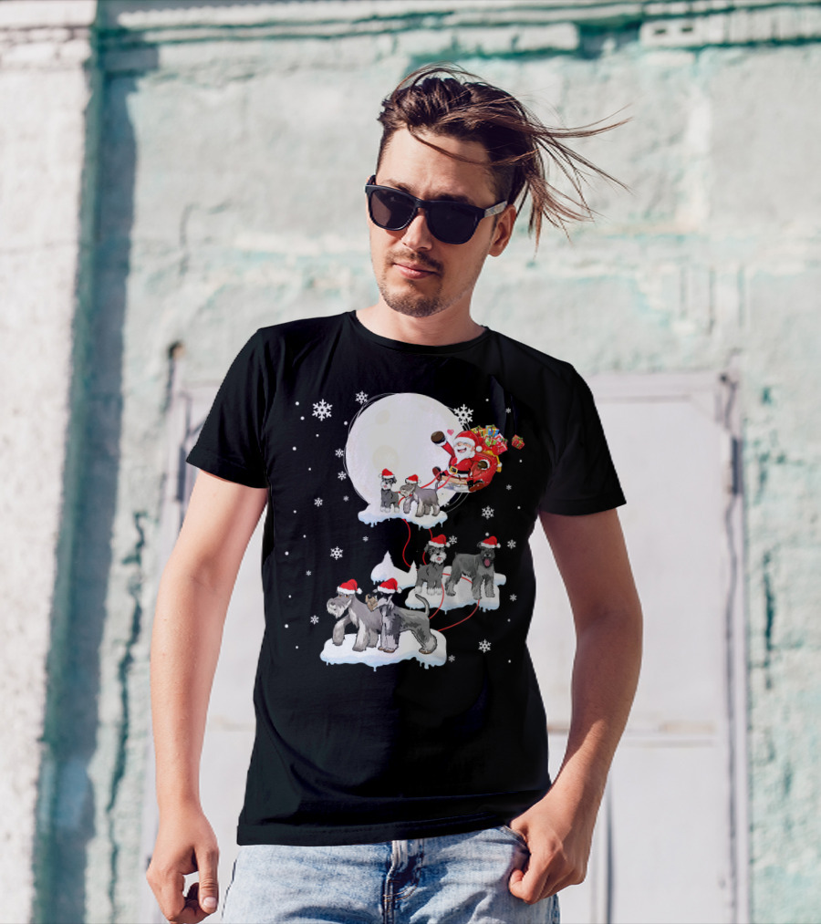 Santa Claus Sleigh With Miniature Schnauzer Dogs In Snowy Christmas Scene T-Shirt