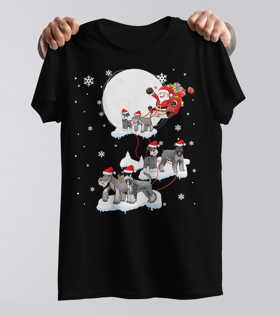 Santa Claus Sleigh With Miniature Schnauzer Dogs In Snowy Christmas Scene T-Shirt