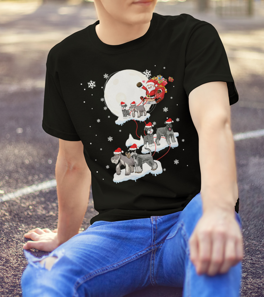 Santa Claus Sleigh With Miniature Schnauzer Dogs In Snowy Christmas Scene T-Shirt