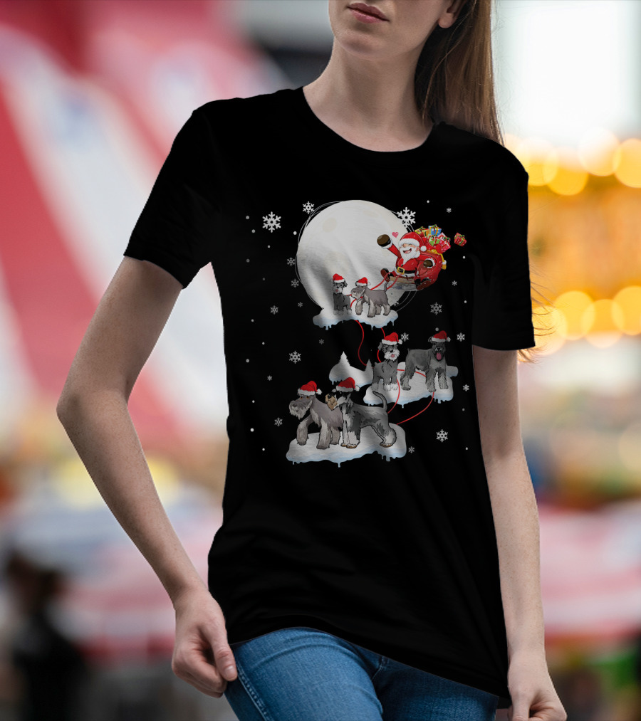 Santa Claus Sleigh With Miniature Schnauzer Dogs In Snowy Christmas Scene T-Shirt