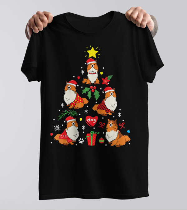 Christmas Tree Shetland Sheepdog Sheltie Santa Hat Dog T-Shirt