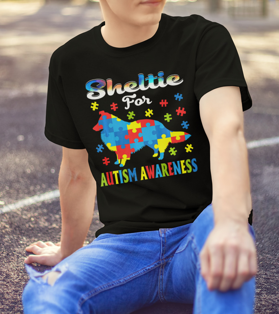 Sheltie For Autism Awareness Colorful Puzzle Pieces T-Shirt