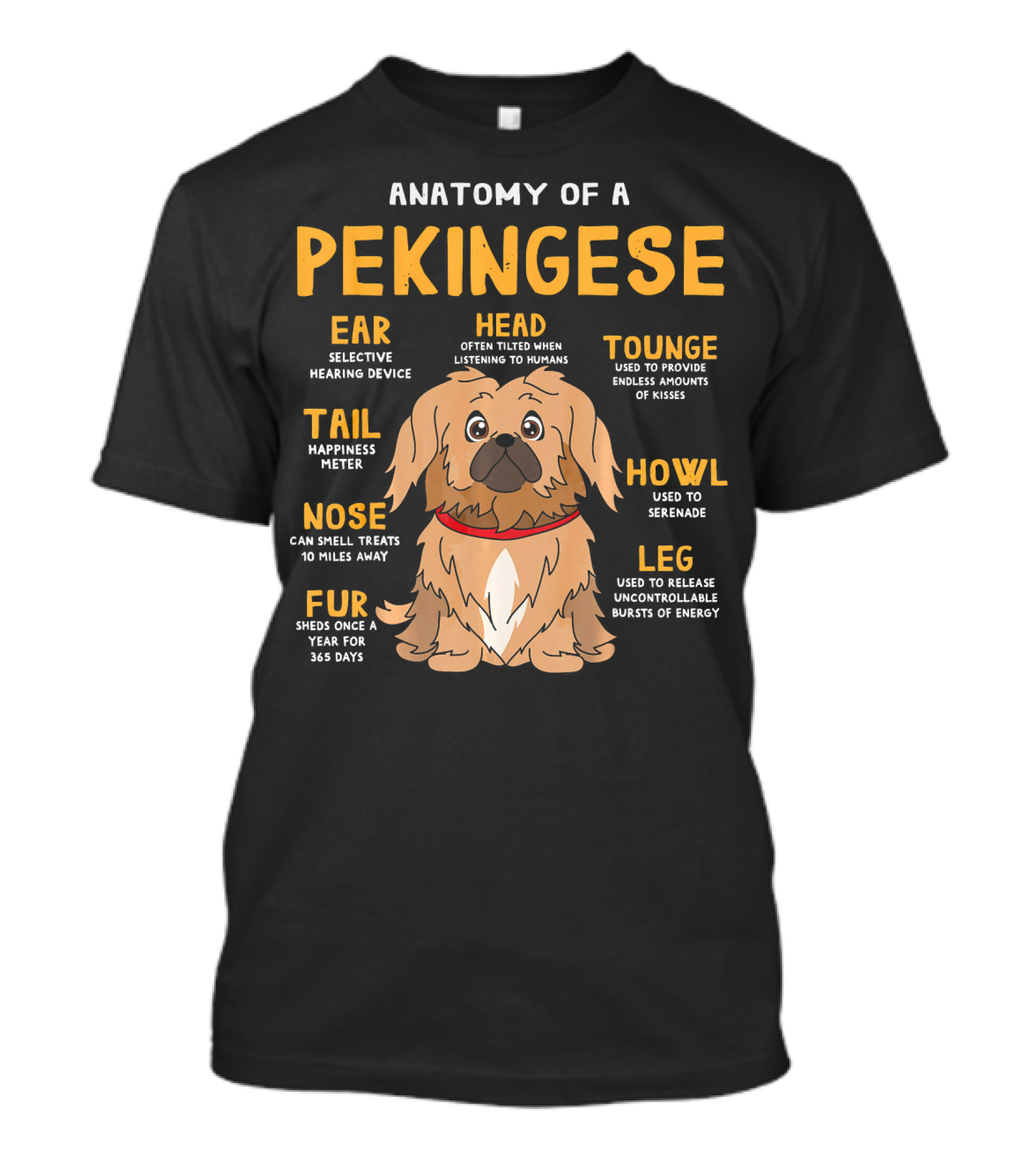 Anatomy Of A Pekingese Dog Funny Diagram With Ear Head Tongue Tail Nose Fur Howl Leg T-Shirt