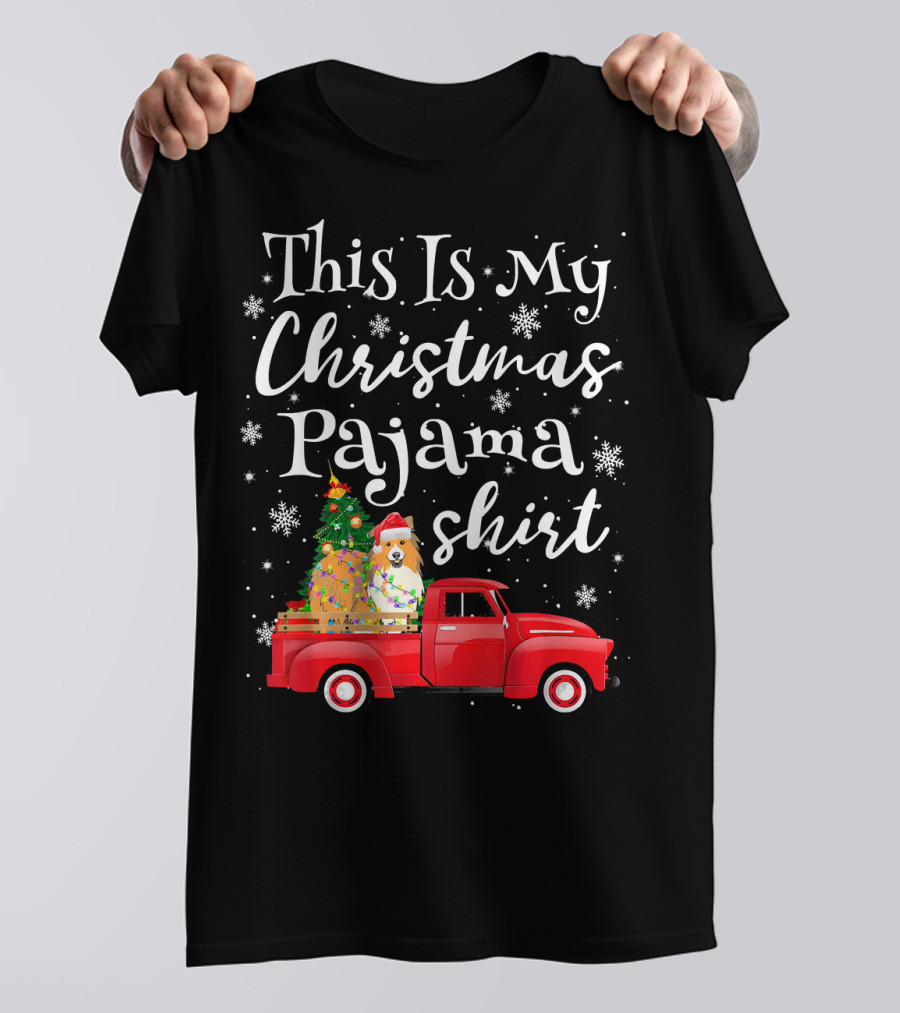 This Is My Christmas Pajama Shirt Santa Sheltie Red Truck Snowflakes T-Shirt