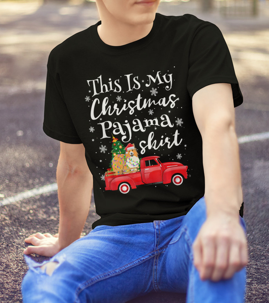 This Is My Christmas Pajama Shirt Santa Sheltie Red Truck Snowflakes T-Shirt