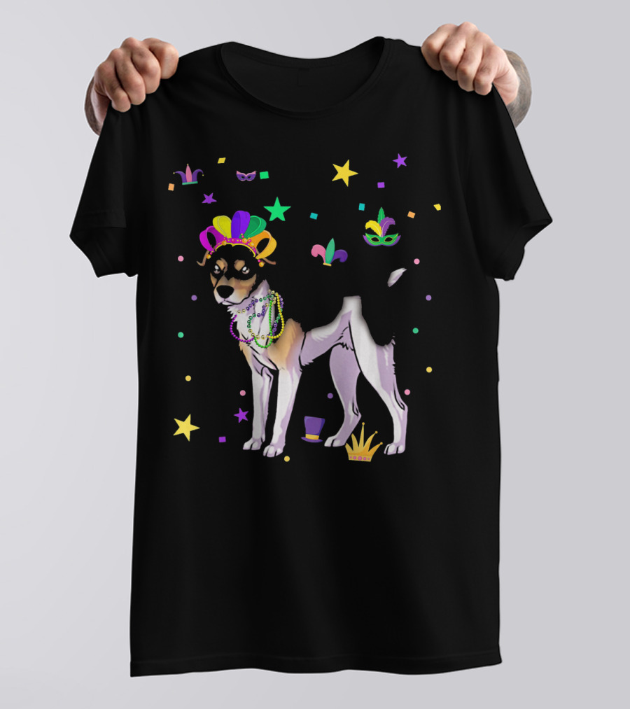 Rat Terrier Dog Mardi Gras Party Mask Beads And Stars T-Shirt
