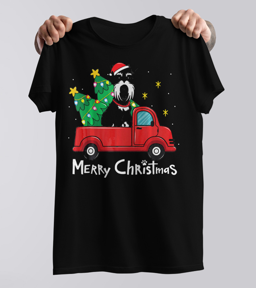 Merry Christmas Miniature Schnauzer In Santa Hat With Christmas Trees In Red Truck T-Shirt