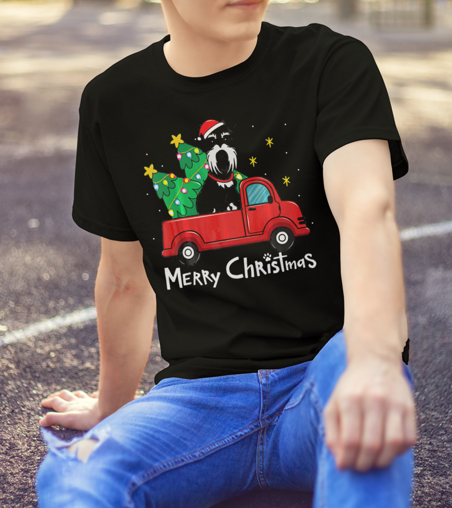 Merry Christmas Miniature Schnauzer In Santa Hat With Christmas Trees In Red Truck T-Shirt