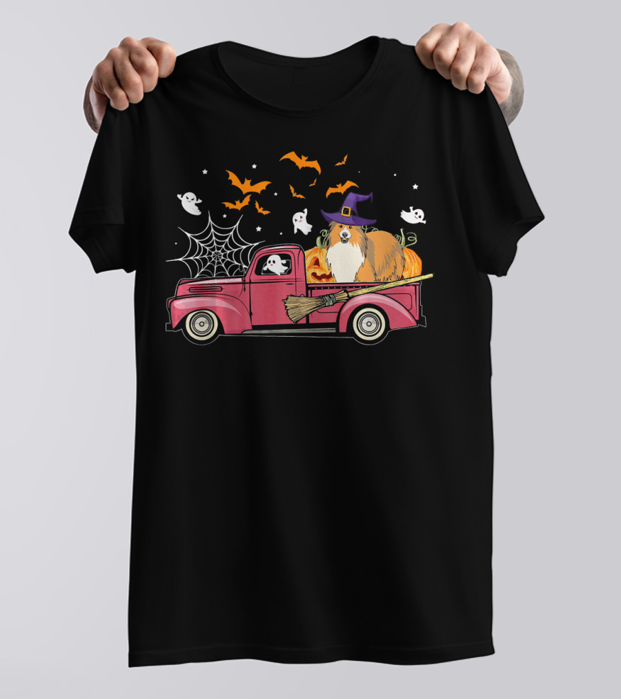 Sheltie Riding Red Truck With Pumpkins And Halloween Ghosts T-Shirt