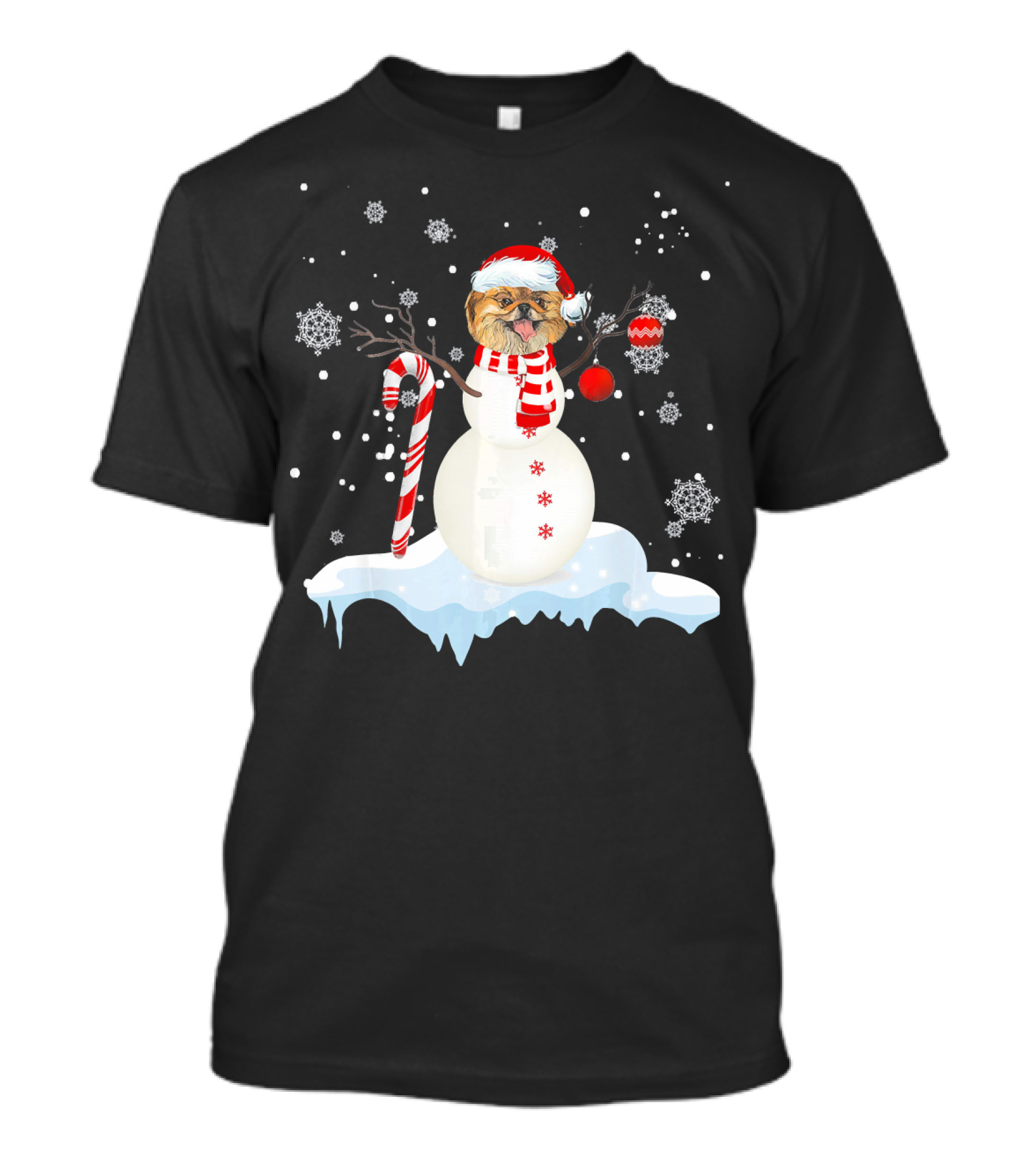 Pekingese Dog As Snowman With Candy Cane And Snowflakes T-Shirt