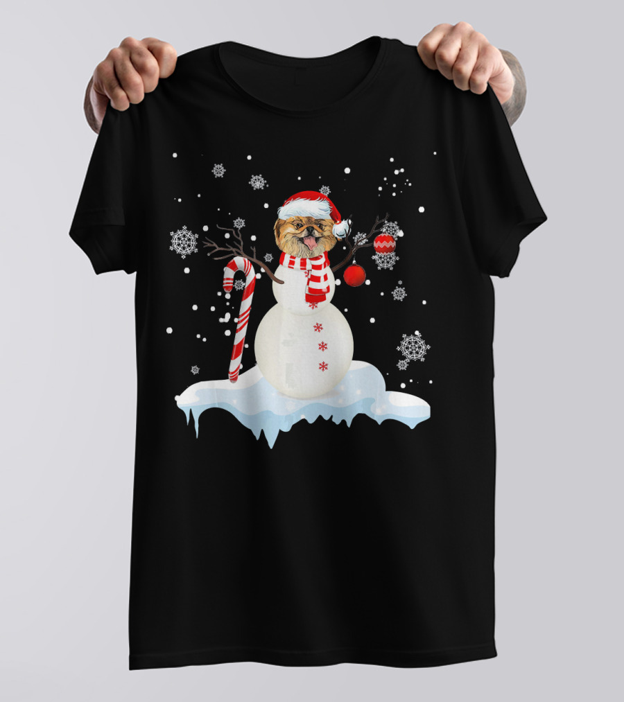 Pekingese Dog As Snowman With Candy Cane And Snowflakes T-Shirt