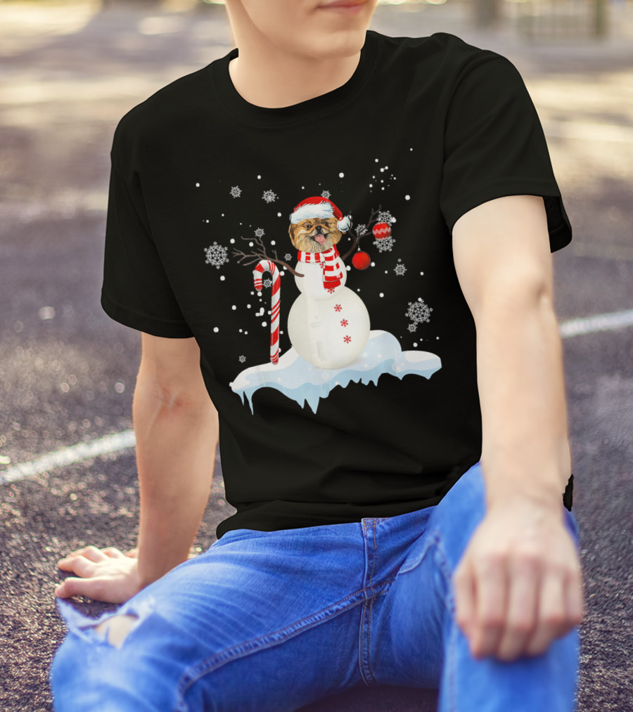 Pekingese Dog As Snowman With Candy Cane And Snowflakes T-Shirt