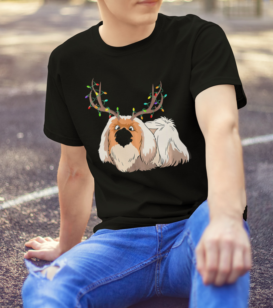 Pekingese Reindeer Horn Christmas Lights Funny Family Mat T-Shirt