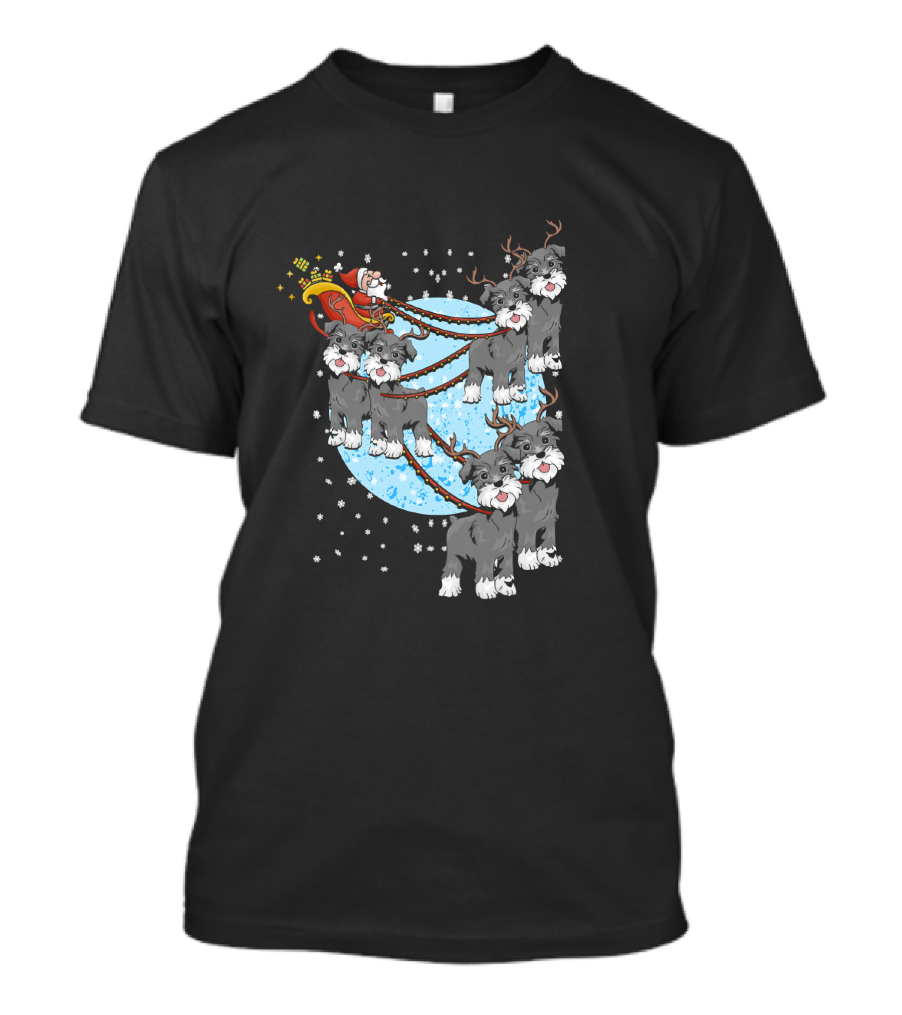 Miniature Schnauzer Reindeer Pulling Santa's Sleigh With Full Moon And Snowflakes T-Shirt