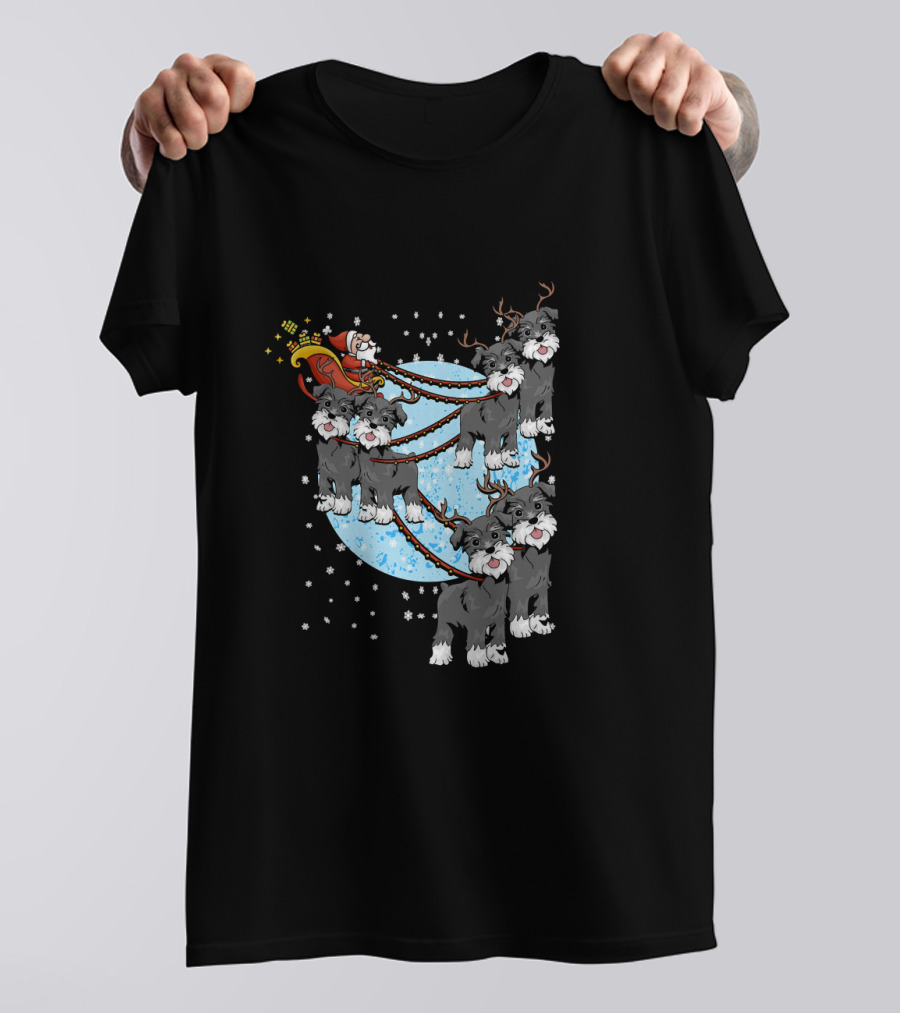 Miniature Schnauzer Reindeer Pulling Santa's Sleigh With Full Moon And Snowflakes T-Shirt
