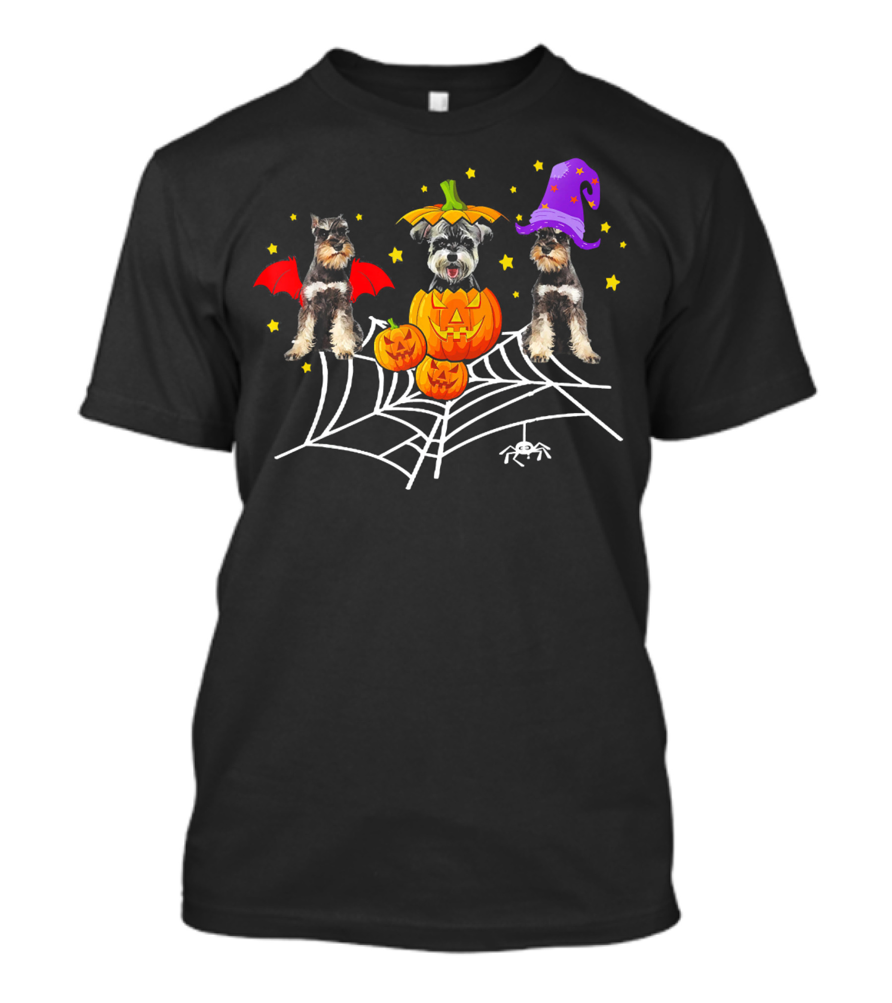 Three Schnauzer Dogs Halloween With Pumpkins And Spider Web T-Shirt