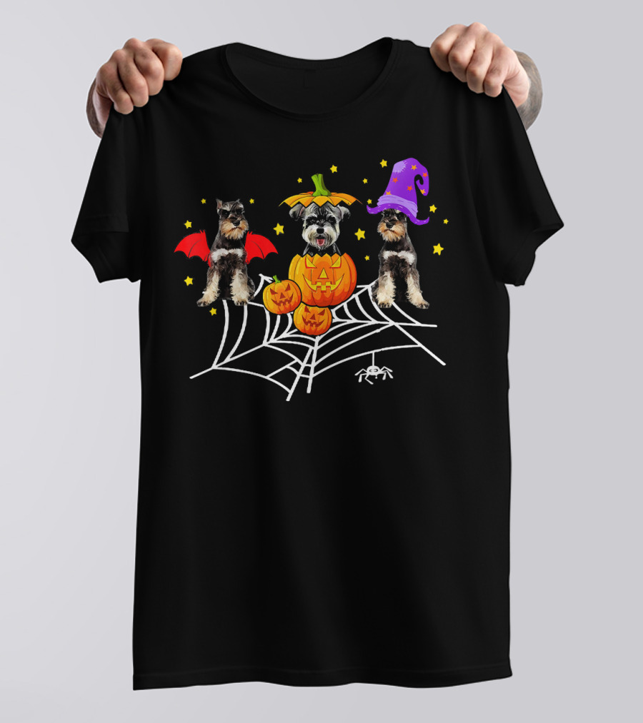 Three Schnauzer Dogs Halloween With Pumpkins And Spider Web T-Shirt