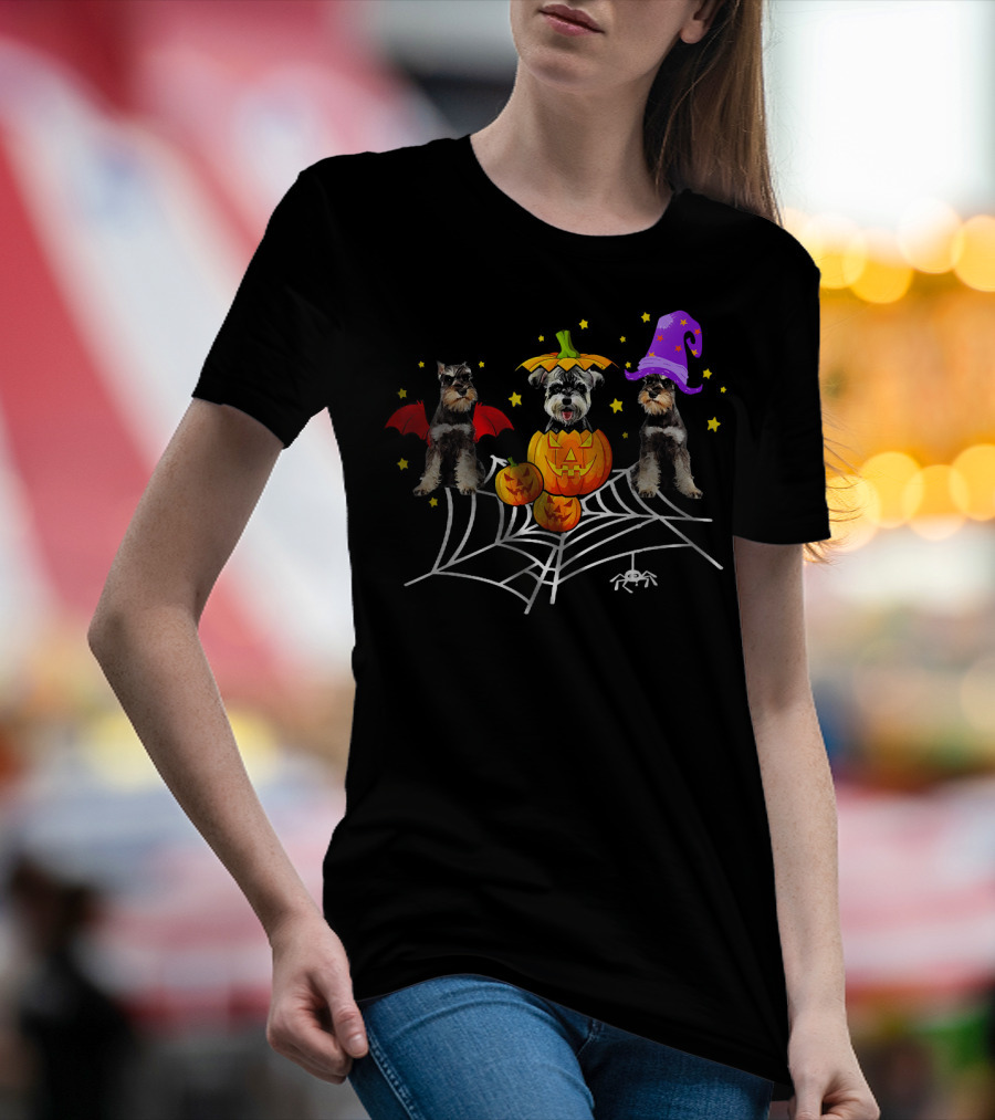 Three Schnauzer Dogs Halloween With Pumpkins And Spider Web T-Shirt