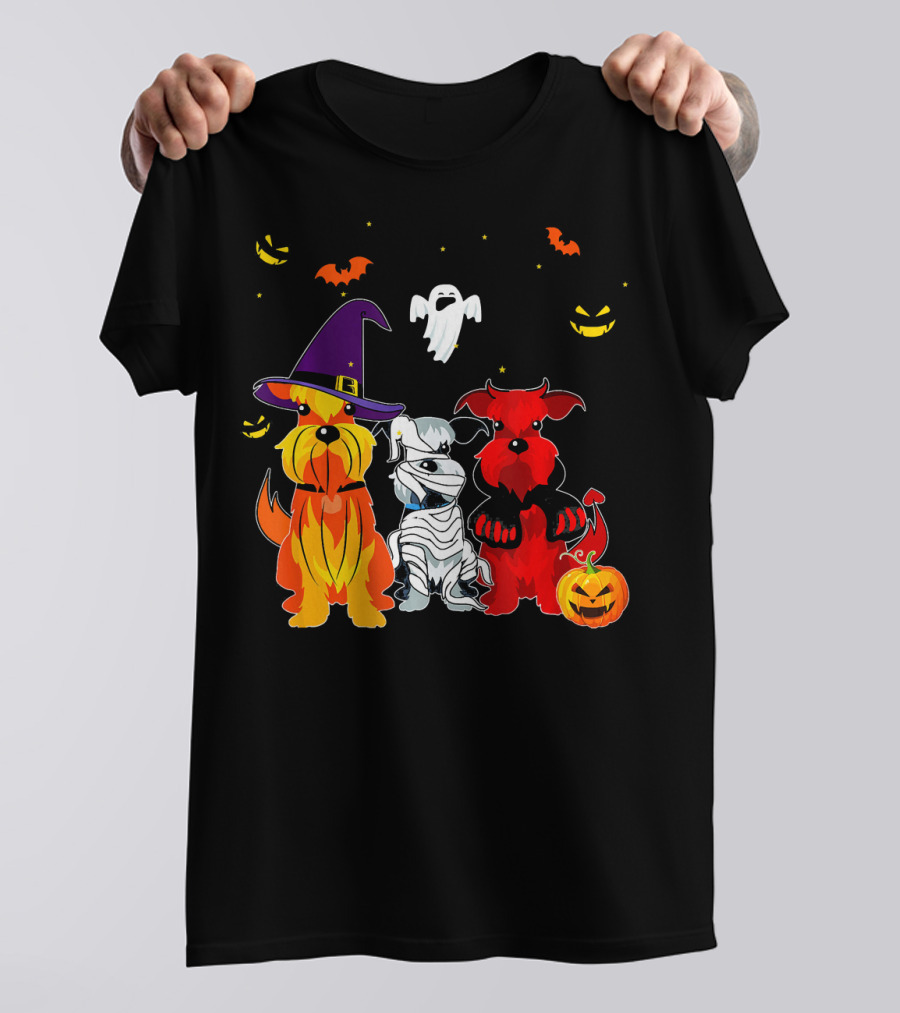 Schnauzer Halloween Witch Dog Devil Ghost Mummy Pumpkin Bats T-Shirt