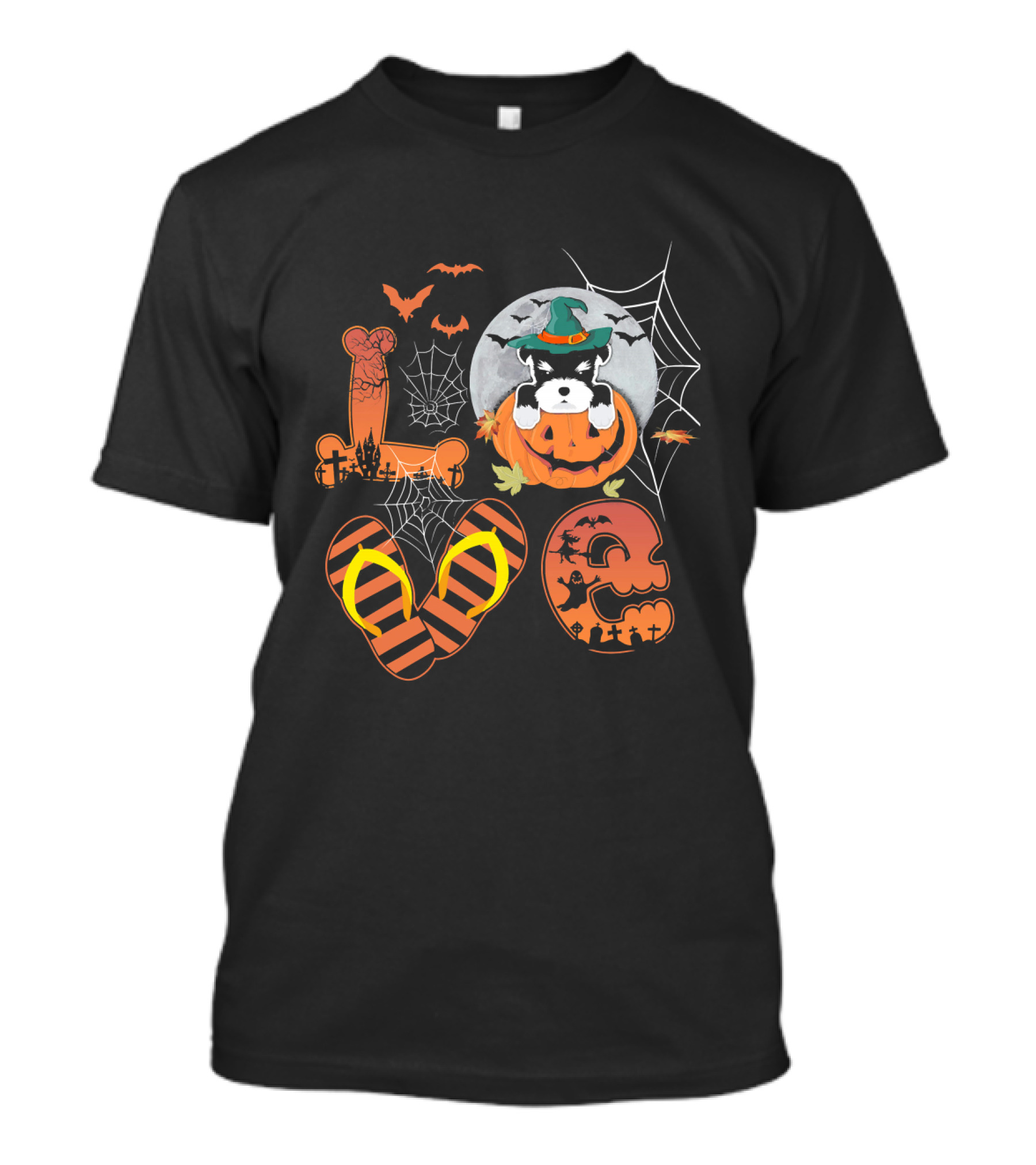 Schnauzer Pumpkin Halloween L-O-V-E Spooky Webs And Bats T-Shirt