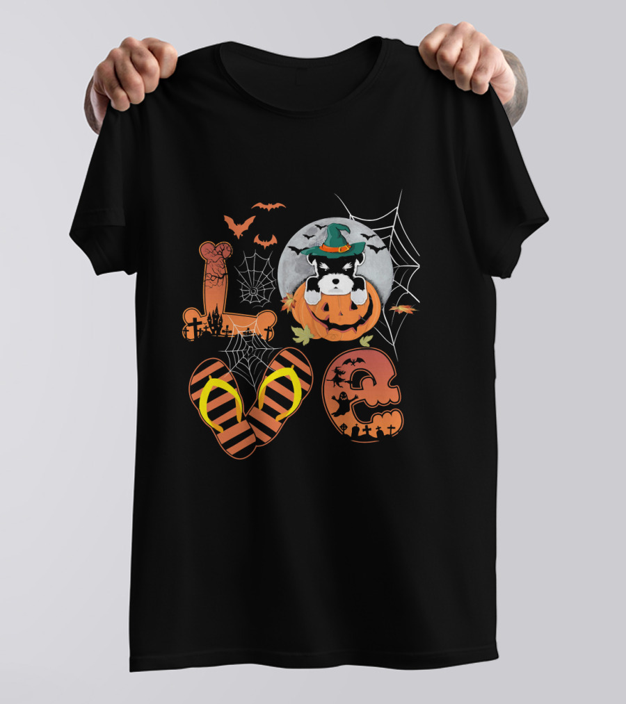 Schnauzer Pumpkin Halloween L-O-V-E Spooky Webs And Bats T-Shirt