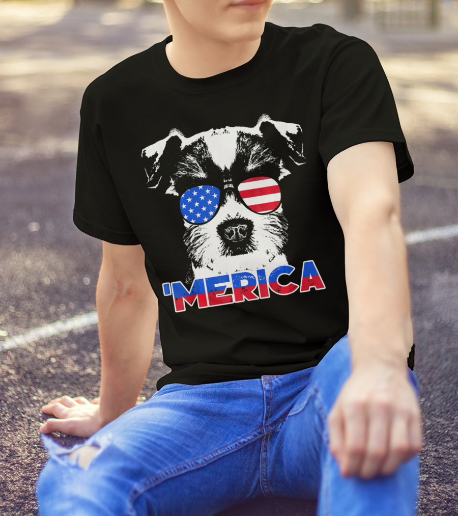 Patriot Schnauzer 'Merica USA Flag Sunglasses T-Shirt
