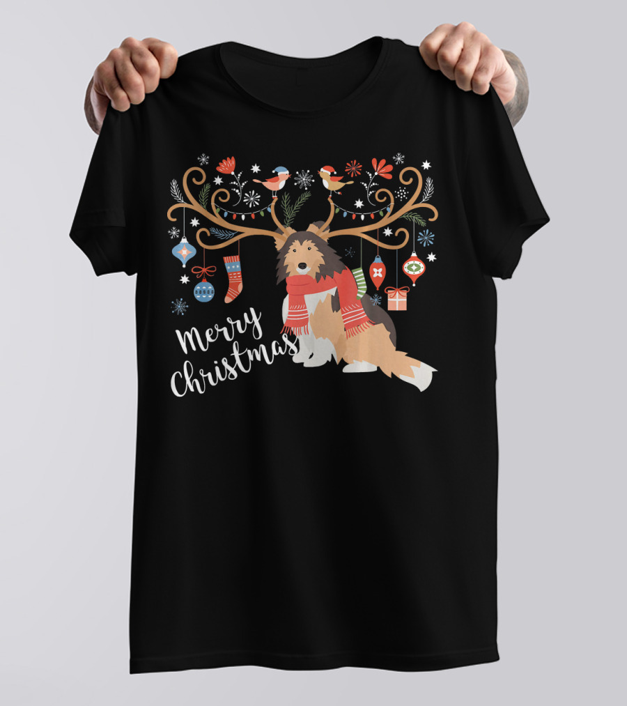 Merry Christmas Shetland Sheepdog Sheltie Holiday Decorations T-Shirt