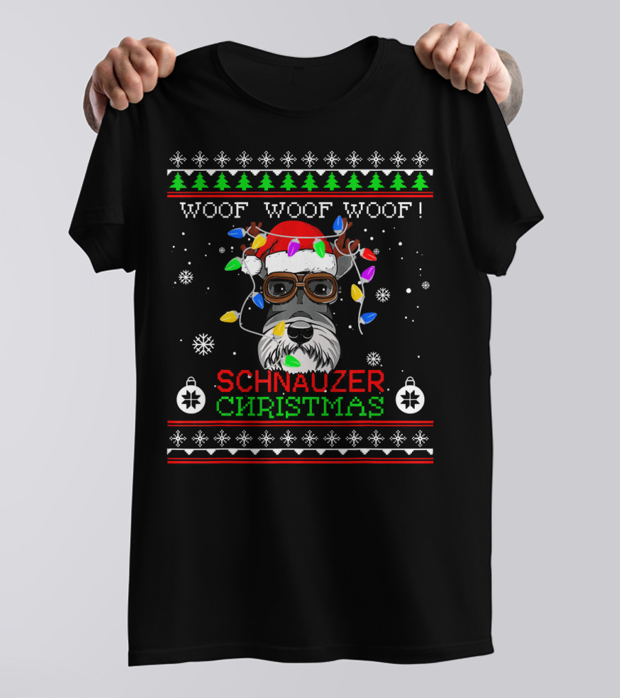 Schnauzer Christmas Woof Woof Woof Xmas Light T-Shirt