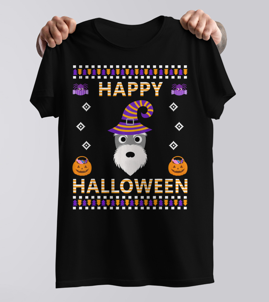 Happy Halloween Schnauzer Witch Hat Pumpkin Spiders T-Shirt