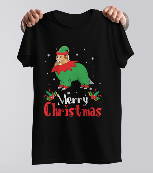 Merry Christmas Sheltie In Elf Costume With Snowflakes T-Shirt